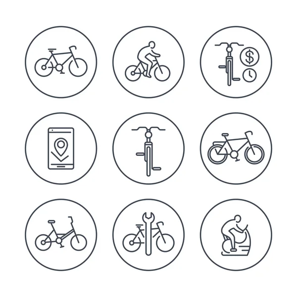 Cycling, cyclist, bicycle, bike repair, line icons in circles, vector illustration — Stock Vector