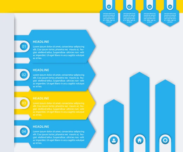 Business Infografica elementi, 1, 2, 3, 4 etichette, passi, linea temporale, frecce di crescita in blu e giallo, illustrazione vettoriale — Vettoriale Stock