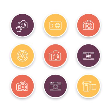camera line icons, dslr, diaphragm, photography, camera pictogram, color round linear icon set, vector illustration