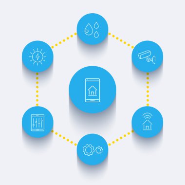 Smart House çizgi yuvarlak mavi simgeler seti, doğrusal işaretler, vektör illüstrasyon