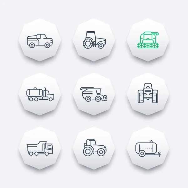 Agricultural machinery line icons, combine harvester, tractor, grain harvesting combine, truck, agricultural vehicles, octagon modern icons set, vector illustration — Stock Vector