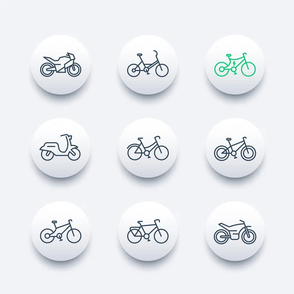 Bikes line icons set, bicycle, cycling, motorcycle, motorbike, fat bike, scooter, electric bike, round modern icons, vector illustration — Stock Vector