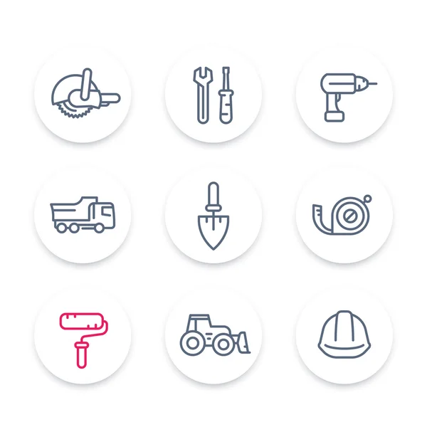 Iconos de línea de construcción, equipos de construcción y herramientas signos lineales, pictogramas, conjunto de iconos redondos, ilustración vectorial — Vector de stock