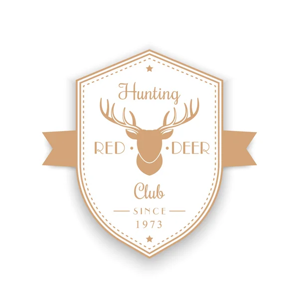 Винтажная эмблема Охотничьего клуба, значок, логотип с головой оленя, логотип формы щита на белом, векторная иллюстрация — стоковый вектор