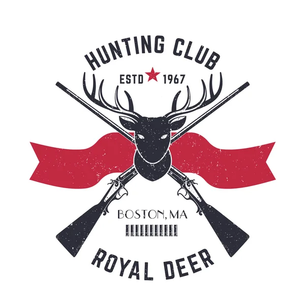 Lovecké logo, značkový znak s jelenovou hlavou a zkřížené lovecké pušky, vektorová ilustrace — Stockový vektor