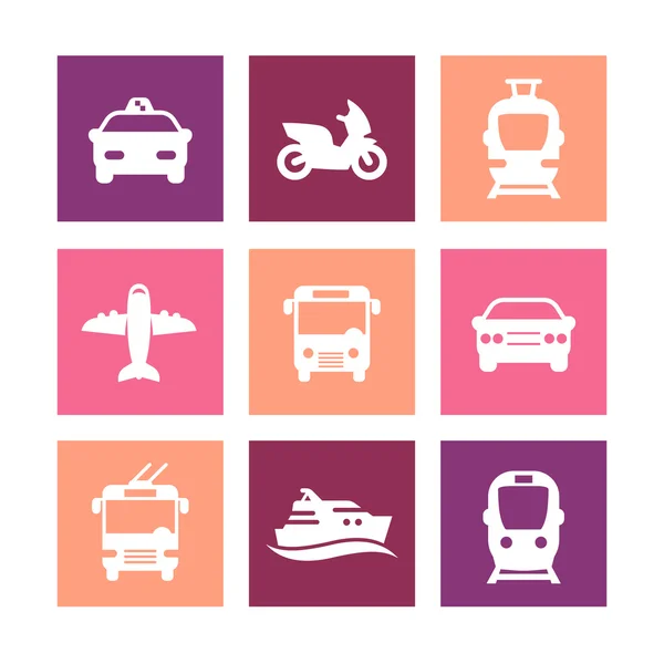 Iconos de transporte de pasajeros, vector de transporte público, autobús, metro, tranvía, taxi, avión, barco, iconos simples en las plazas de color, ilustración de vectores — Vector de stock