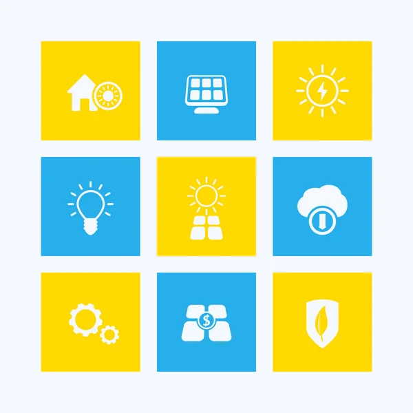Solar energy vector pictograms, solar electricity, sun powered house, set of icons on squares, vector illustration — Stock Vector