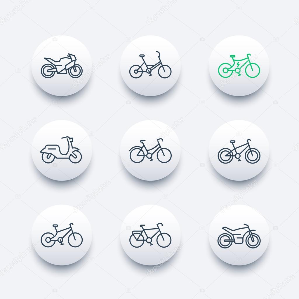 Bikes line icons set, bicycle, cycling, motorcycle, motorbike, fat bike, scooter, electric bike, round modern icons, vector illustration