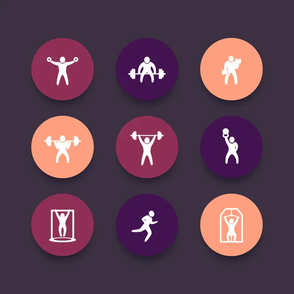 Gym, fitness exercises icons, gym training, workout, fitness, exercises round pictograms set, vector illustration — Stock Vector