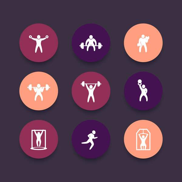 Gym, fitness exercises icons, gym training, workout, fitness, exercises round pictograms set, vector illustration