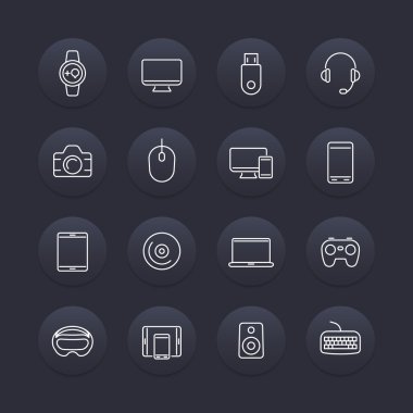 Modern gadget'lar çizgi simgeleri, koyu yuvarlak set, vektör çizimi