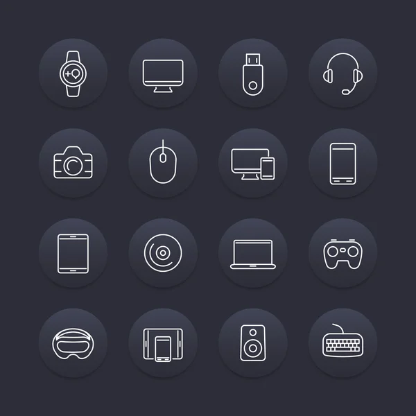 Moderne gadgets lijn iconen, donkere ronde set, vector illustratie — Stockvector