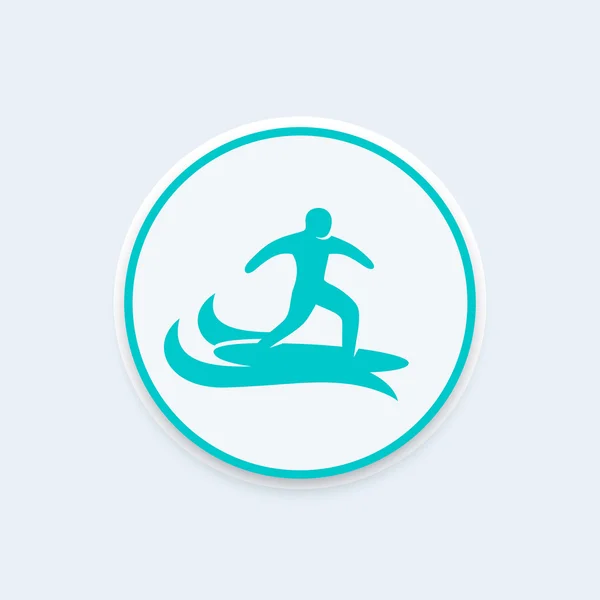 Surfer-Symbol, Surf-Vektor-Zeichen, Mann auf Surfbrett-Symbol auf runde Form, Vektor-Illustration — Stockvektor