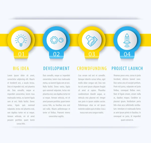 Startup infographic ontwerpelementen, stappen, tijdlijn in blauw en geel, vector illustratie — Stockvector