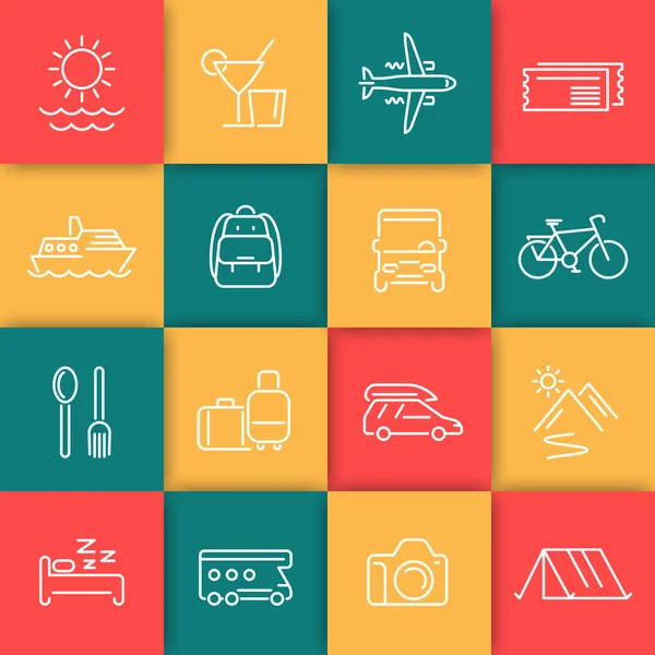 Viaje, conjunto de iconos de línea de turismo, recreación, viaje, recorrido, pictogramas lineales de viaje, iconos en cuadrados de color, ilustración de vectores — Vector de stock