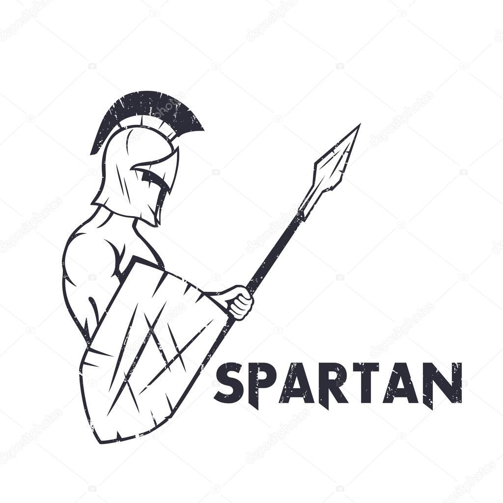Spartan warrior with spear and shield isolated on white, ancient warrior in helmet holding pike, vector illustration