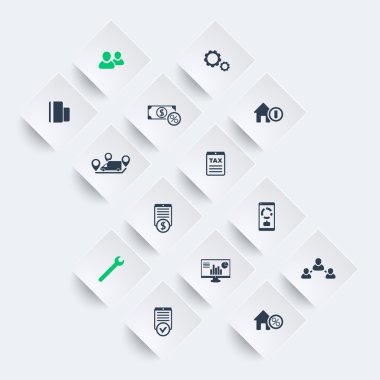 14 finans, maliyetler, eşkenar dörtgen şekiller üzerinde vergi simgeleri, vektör illüstrasyon