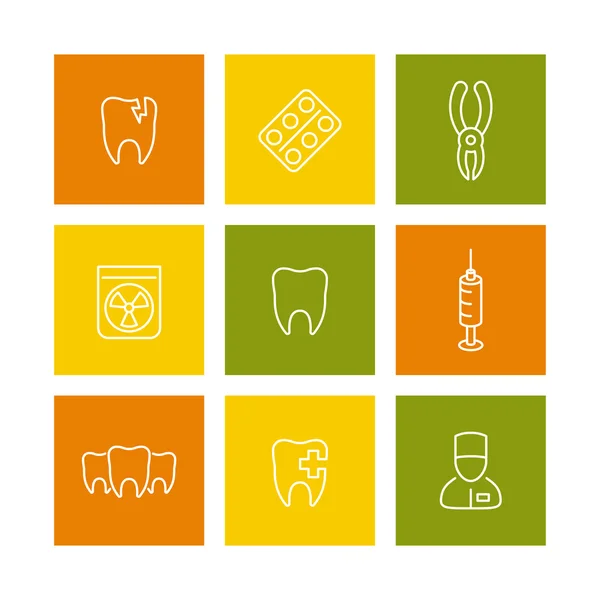 Dents, soins dentaires, stomatologue, soins dentaires, stomatologie icônes linéaires sur carrés isolés sur blanc, illustration vectorielle — Image vectorielle