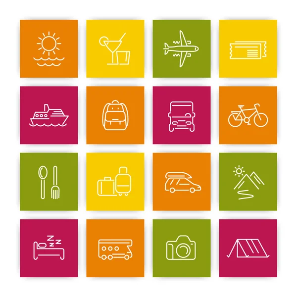 Viaje, conjunto de iconos lineales de turismo, recreación, viaje, recorrido, pictogramas de línea en plazas, ilustración vectorial — Vector de stock