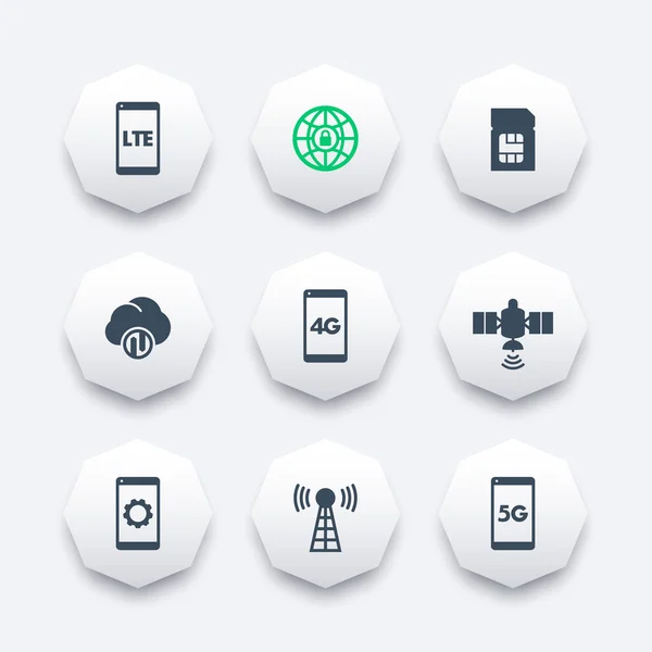 Icone della tecnologia wireless, rete 4g, lte, comunicazione mobile, segni di connessione, 4g, 5g internet mobile, illustrazione vettoriale — Vettoriale Stock
