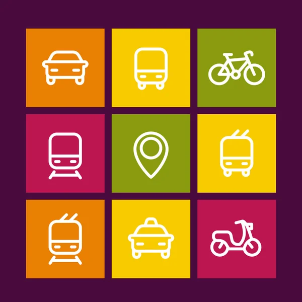 Conjunto de iconos de ciudad y transporte público, señales vectoriales de transporte público, ruta, autobús, metro, taxi, pictogramas de transporte público, iconos de línea gruesa en cuadrados de color, ilustración de vectores — Archivo Imágenes Vectoriales