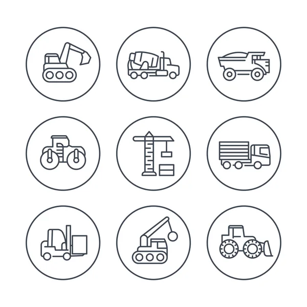 Construction vehicles line icons in circles, heavy machines, construction equipment, vector illustration — Stock Vector