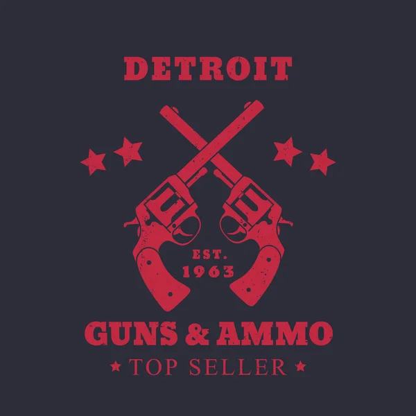 Detroit Guns och ammo Sign, emblem med två revolvrar, rött på mörker, vektor illustration — Stock vektor