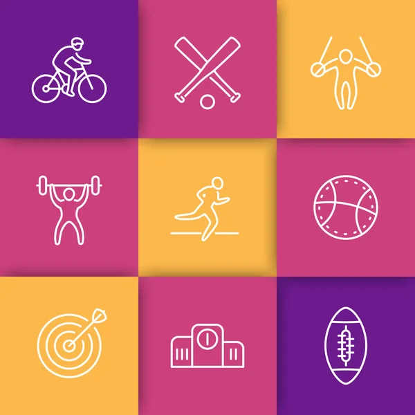 Diversi tipi di sport, icone di linea su quadrati a colori, illustrazione vettoriale — Vettoriale Stock