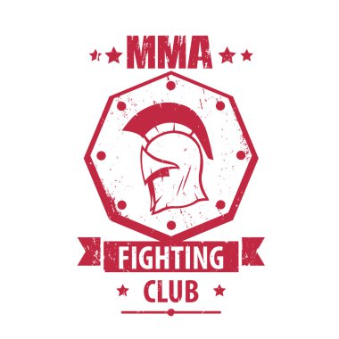 MMA mücadele Club logo, amblem, rozet Spartalı kask, beyaz izole kırmızı t-shirt baskı ile illüstrasyon vektör
