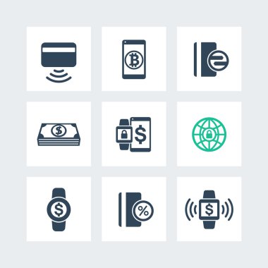 Modern ödeme yöntemleri Icons set, giyilebilir aygıtları vektör işareti, beyaz, vektör illüstrasyon izole temassız kart piktogram ile ödeme