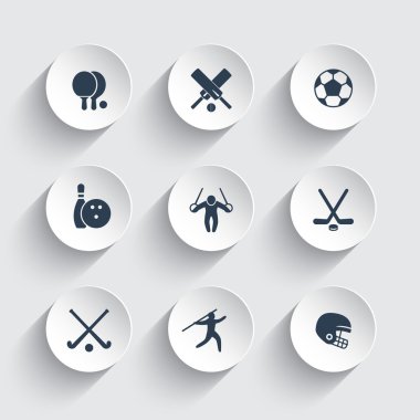 sport, games, competition icons on round 3d shapes, ping-pong, football, bowling, cricket, soccer, hockey icon, vector illustration clipart