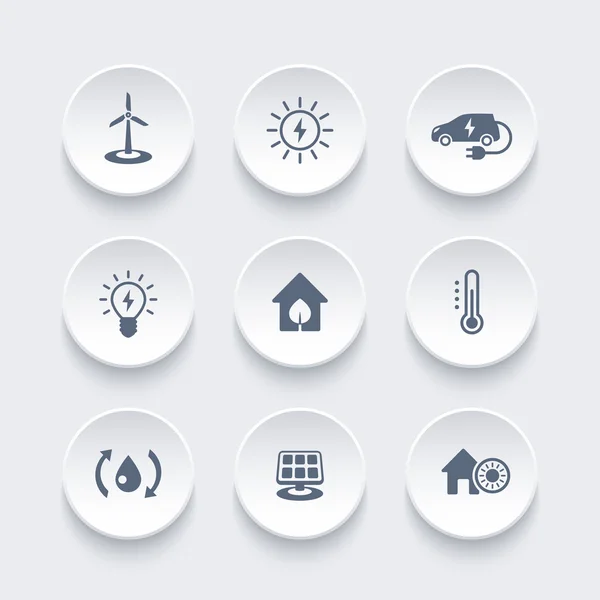 Casa ecológica verde, iconos de tecnologías de ahorro de energía en formas redondas 3d, ilustración vectorial — Vector de stock