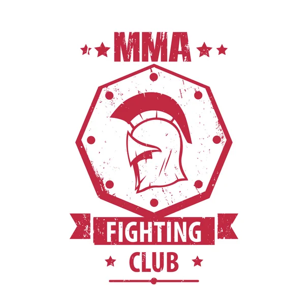 Logo MMA Fighting Club, emblema, distintivo con casco spartano, stampa t-shirt rossa isolata su bianco, illustrazione vettoriale — Vettoriale Stock