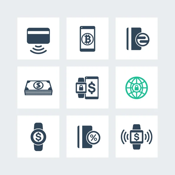 Moderno conjunto de iconos de métodos de pago, pago con dispositivo portátil signo vectorial, pictograma de tarjeta sin contacto aislado en blanco, ilustración vectorial — Vector de stock