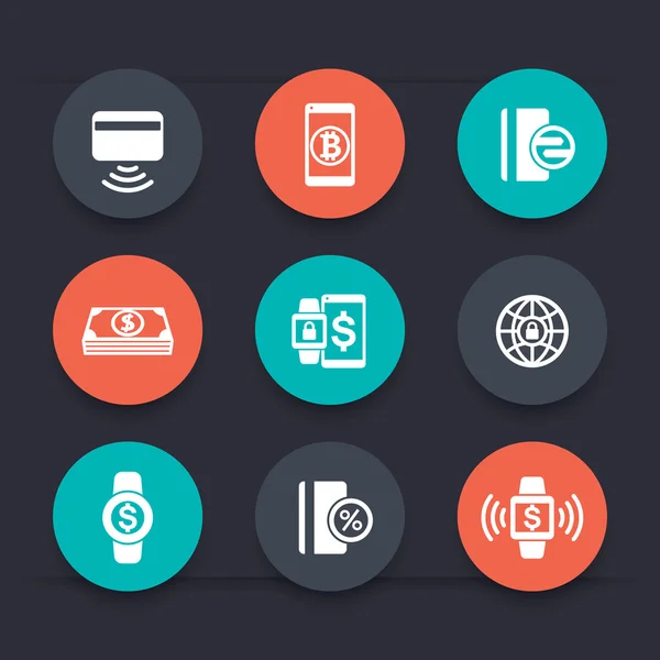 Moderne betalingsmethoden ronde iconen, betaling met draagbare apparaten, vectorillustratie — Stockvector