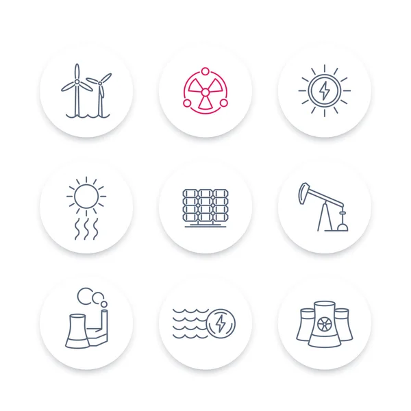 Potencia, iconos de línea de producción de energía, energía, solar, eólica, pictogramas de energía nuclear, conjunto de iconos redondos, ilustración vectorial — Vector de stock