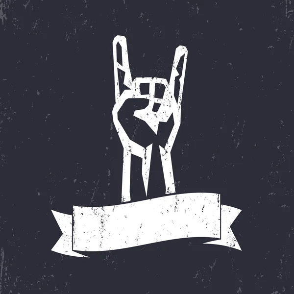 Sinal de rock, trompa de mão, gesto de concerto de rock, branco no escuro, ilustração vetorial — Vetor de Stock