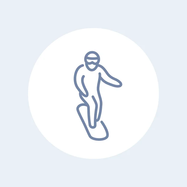 Иконка линии сноуборда, человек на сноуборде линейная пиктограмма изолирована на белом, векторная иллюстрация — стоковый вектор