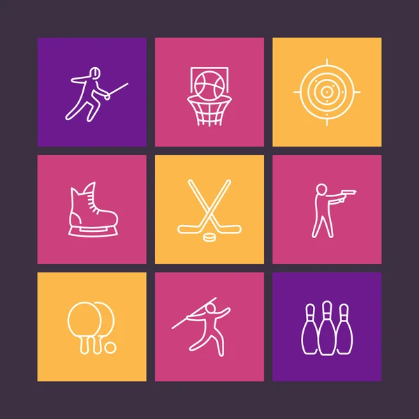 Sport, giochi, icone della linea sport di squadra nei quadrati a colori, illustrazione vettoriale — Vettoriale Stock