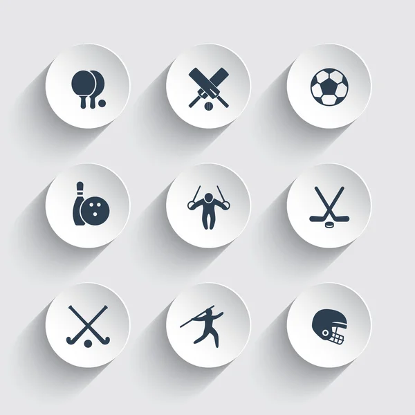 Deporte, juegos, iconos de la competencia en formas redondas 3d, ping-pong, fútbol, bolos, cricket, fútbol, icono de hockey, ilustración de vectores — Vector de stock