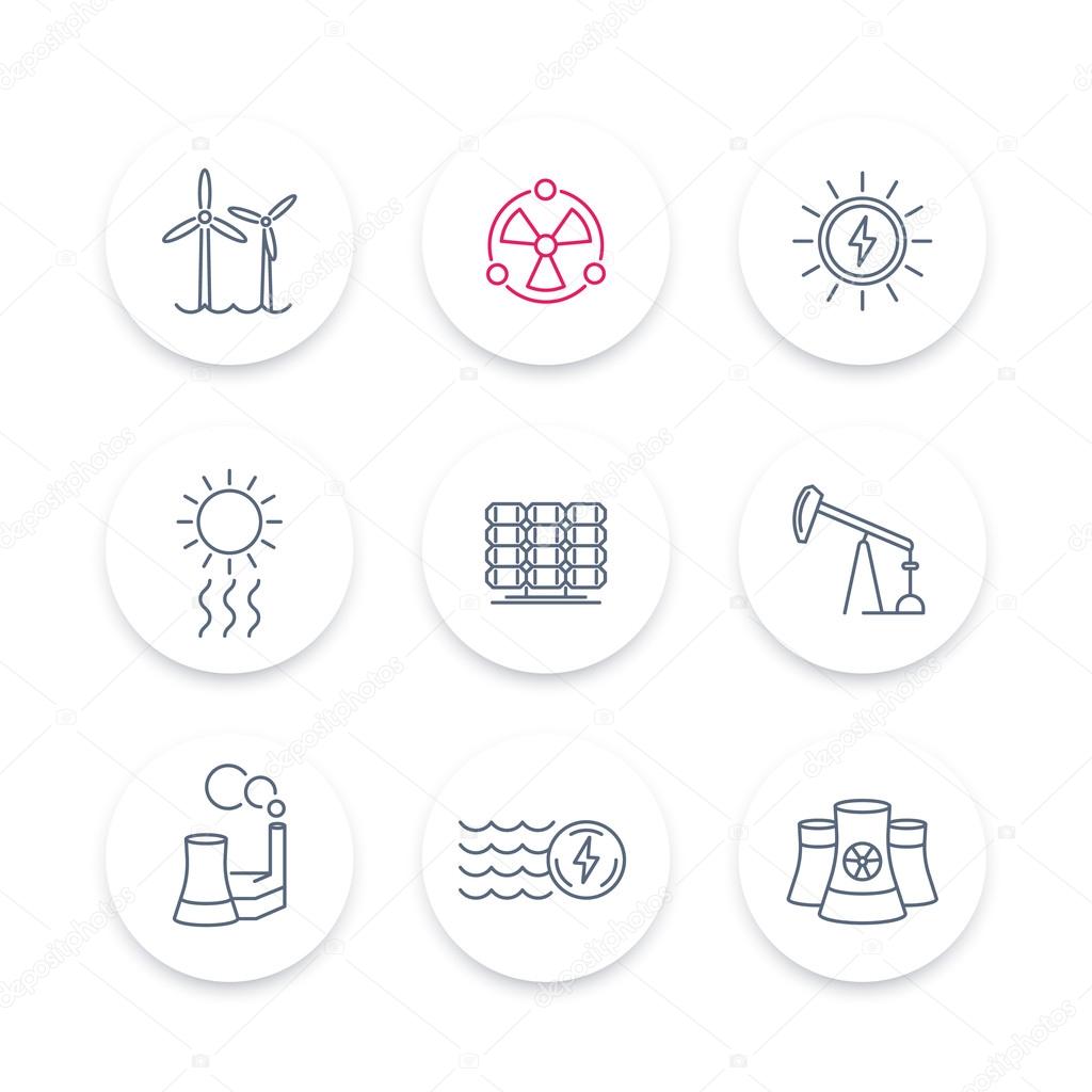 Power, energy production line icons, energetics, solar, wind, nuclear energy pictograms, round icons set, vector illustration