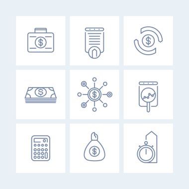 finance, investments, investment analysis line icons isolated on white, finance linear pictograms, vector illustration