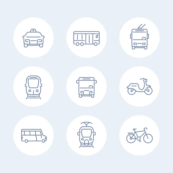 City transport line icons, tram, train, bus, bike, taxi, trolleybus vector icons isolated on white, vector illustration — ストックベクタ