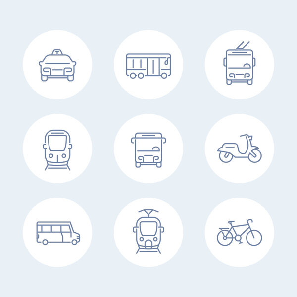 City transport line icons, tram, train, bus, bike, taxi, trolleybus vector icons isolated on white, vector illustration