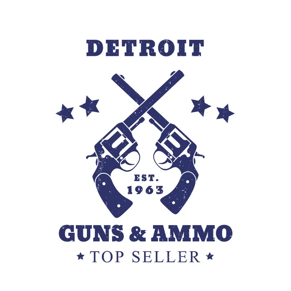 Детройтские пушки и знак боеприпасов, эмблема с двумя револьверами, изолированными на белой векторной иллюстрации — стоковый вектор