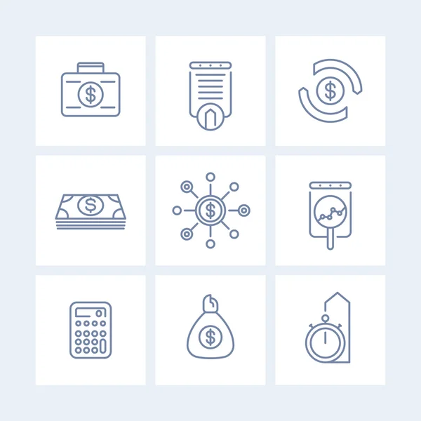 Finance, investments, investment analysis line icons isolated on white, finance linear pictograms, vector illustration — Διανυσματικό Αρχείο