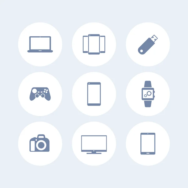 Ikony miniaplikací izolované na bílém (laptop, tablet, kamera, televize, chytré hodinky), vektorová ilustrace — Stockový vektor