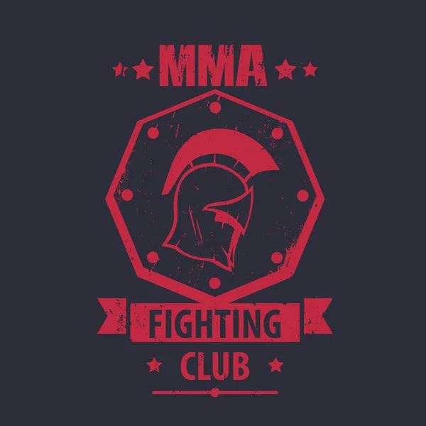 Logo MMA Fighting Club, emblema, insignia con casco espartano, rojo sobre oscuro, ilustración vectorial — Archivo Imágenes Vectoriales