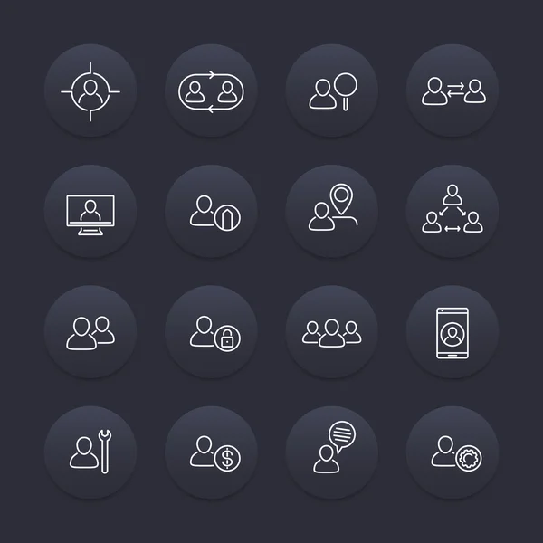 Personeels lijn iconen, HR, Human resources, personeelsbeheer, lineaire pictogrammen op ronde donkere vormen, vector illustratie — Stockvector