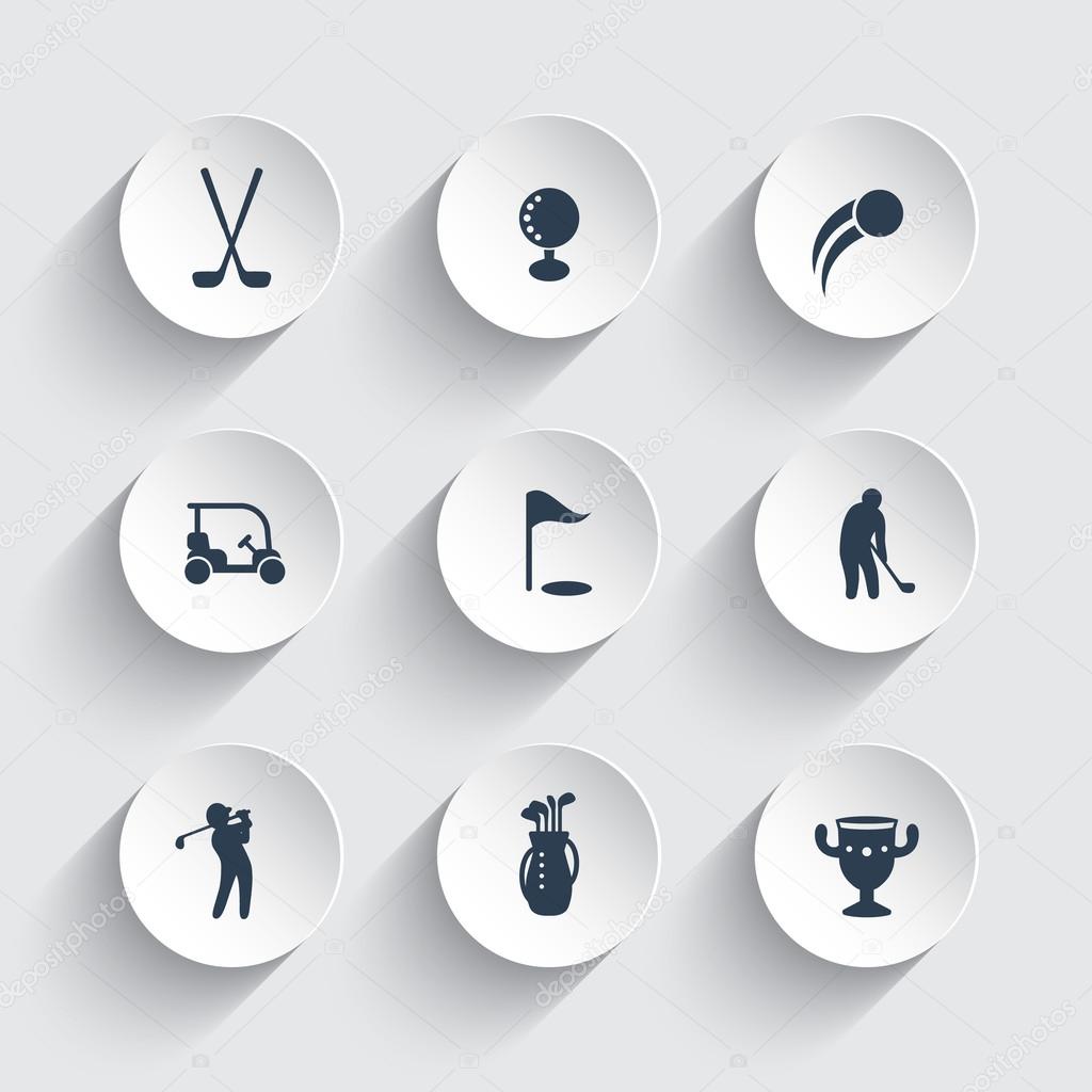 Golf icons, golf clubs, golf player, golfer, golf bag, pictograms, icons on round 3d shapes, vector illustration